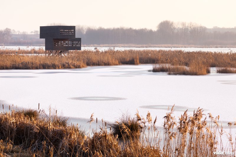 Vogelkijkhut aan bevroren meer
