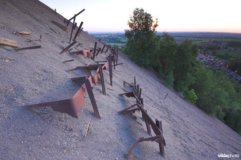 Verroeste mijnkarren op de terril van Hasard