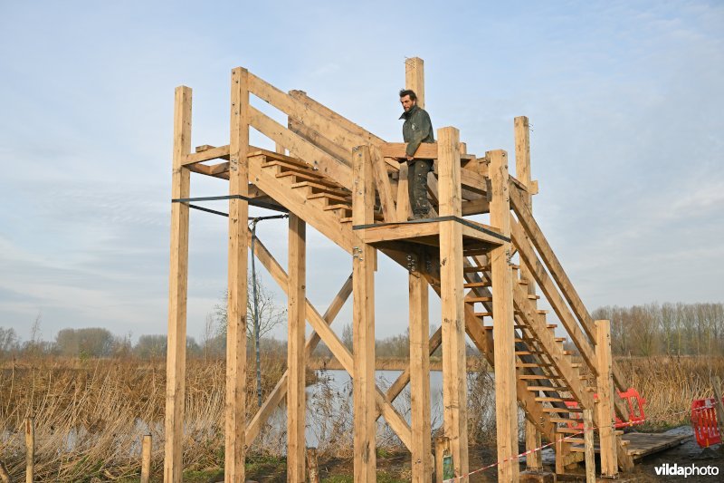 Bouw van uitkijktoren Kalkense Meersen